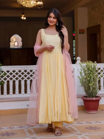 DESIGNER ROMAN COTTON JHARKAN LACE WORK GOWN BOTTOM WITH DUPATTA CREAM AND PINK