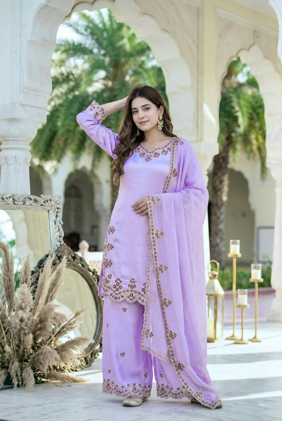 DESIGNER ROMAN GLASS EMBROIDERY SEQUENCE WITH FANCY CUT WORK TOP PALAZZO WITH DUPATTA FESTIVE WEAR WHOLESALE PRICE ETHNIC GARMENT (12)