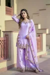 DESIGNER ROMAN GLASS EMBROIDERY SEQUENCE WITH FANCY CUT WORK TOP PALAZZO WITH DUPATTA LAVENDER