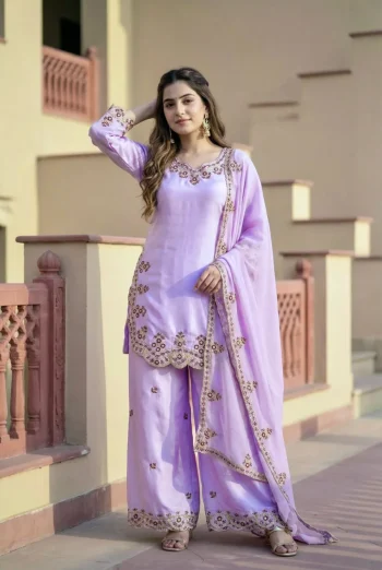 DESIGNER ROMAN GLASS EMBROIDERY  SEQUENCE  WITH FANCY CUT WORK TOP PALAZZO WITH DUPATTA LAVENDER