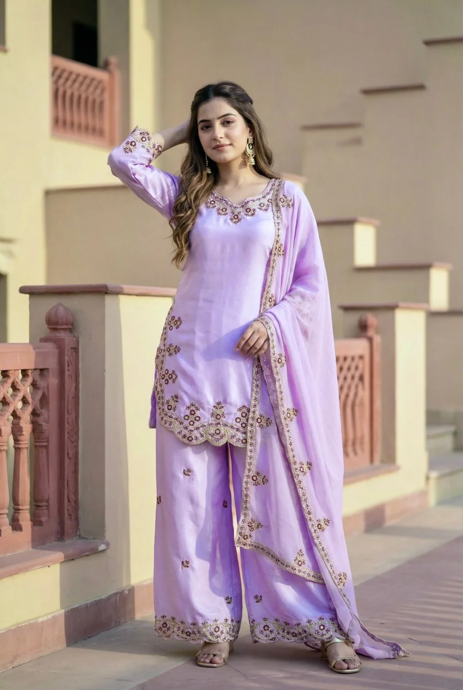 DESIGNER ROMAN GLASS EMBROIDERY SEQUENCE WITH FANCY CUT WORK TOP PALAZZO WITH DUPATTA FESTIVE WEAR WHOLESALE PRICE ETHNIC GARMENT (2)
