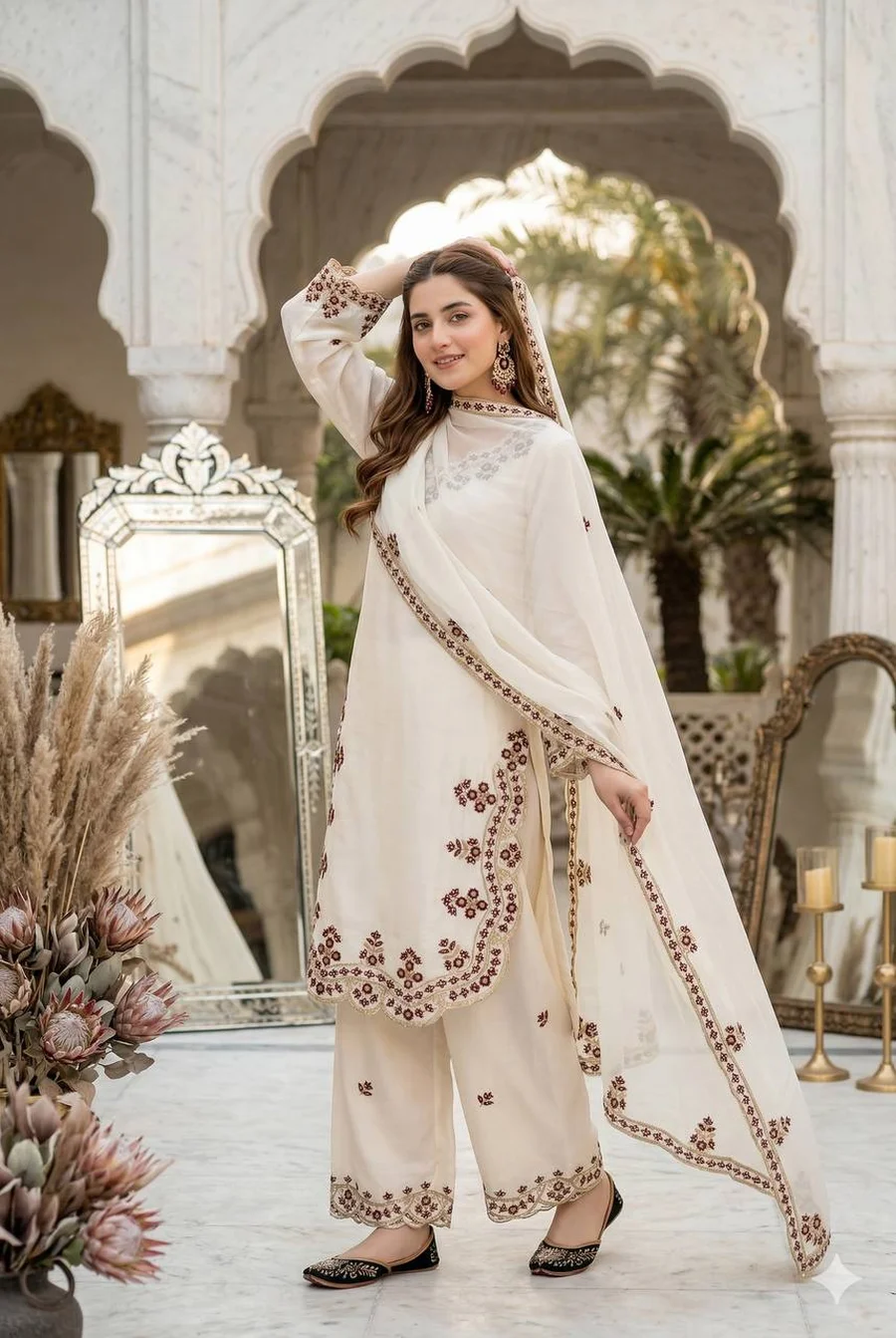 DESIGNER ROMAN GLASS EMBROIDERY SEQUENCE WITH FANCY CUT WORK TOP PALAZZO WITH DUPATTA FESTIVE WEAR WHOLESALE PRICE ETHNIC GARMENT (6)