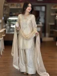 DESIGNER ROMAN GLASS SILK EMBROIDERY 3 MM SEQUENCE WORK WITH RIVET MOTI WORK TOP PATIYALA WITH DUPATTA OFF WHITE