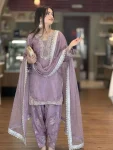 DESIGNER ROMAN GLASS SILK EMBROIDERY 3 MM SEQUENCE WORK WITH RIVET MOTI WORK TOP PATIYALA WITH DUPATTA LAVENDER