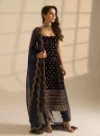DESIGNER ROMAN GLASS THREAD & SEQUENCE WORK TOP BOTTOM WITH DUPATTA NAVY BLUE