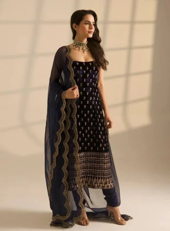 DESIGNER ROMAN GLASS THREAD & SEQUENCE WORK TOP BOTTOM WITH DUPATTA NAVY BLUE