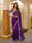 DESIGNER SATIN SILK SEQUENCE  EMBROIDERY WORK SAREE WITH  UNSTITCHED BLOUSE PURPLE