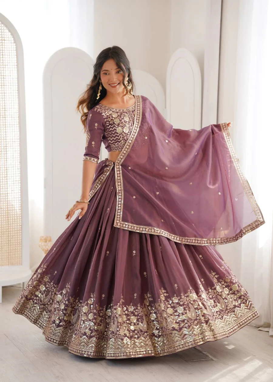DESIGNER SHIMMER SILK THREAD WITH SEQUENCE WORK LEHENGA CHOLI WITH DUPATTA WEDDING WEAR WHOLESALE PRICE ETHNIC GARMENT (1)