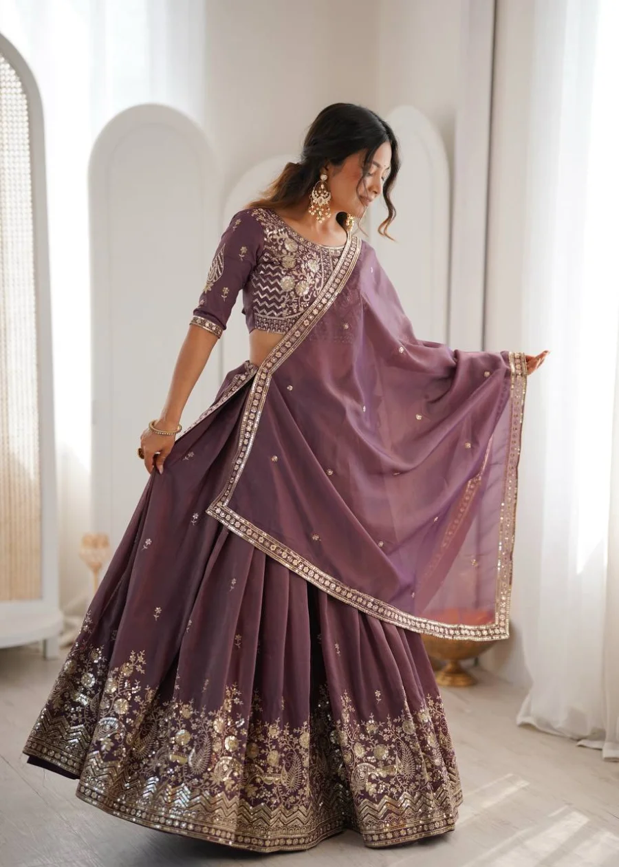 DESIGNER SHIMMER SILK THREAD WITH SEQUENCE WORK LEHENGA CHOLI WITH DUPATTA WEDDING WEAR WHOLESALE PRICE ETHNIC GARMENT (3)