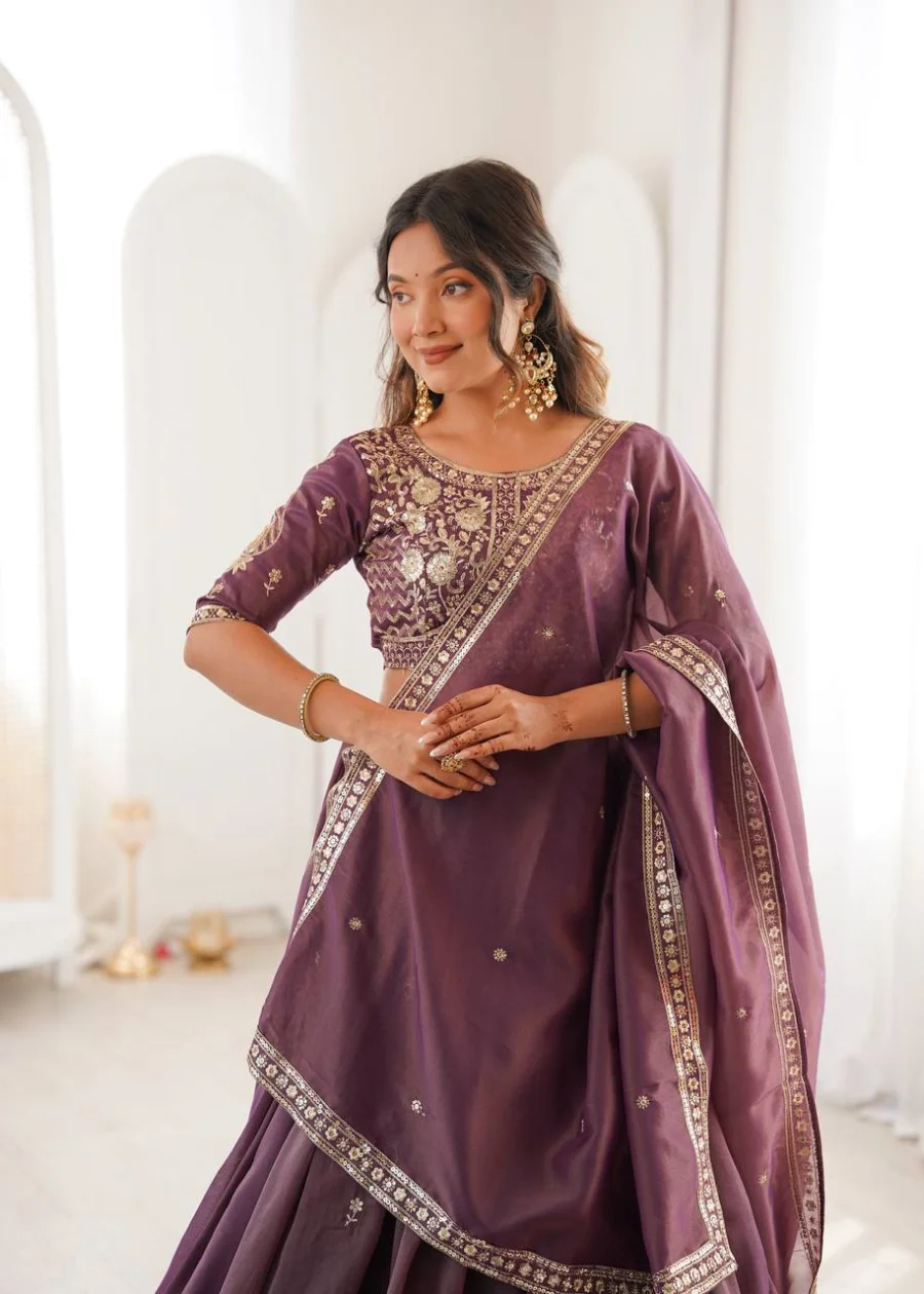 DESIGNER SHIMMER SILK THREAD WITH SEQUENCE WORK LEHENGA CHOLI WITH DUPATTA WEDDING WEAR WHOLESALE PRICE ETHNIC GARMENT (6)