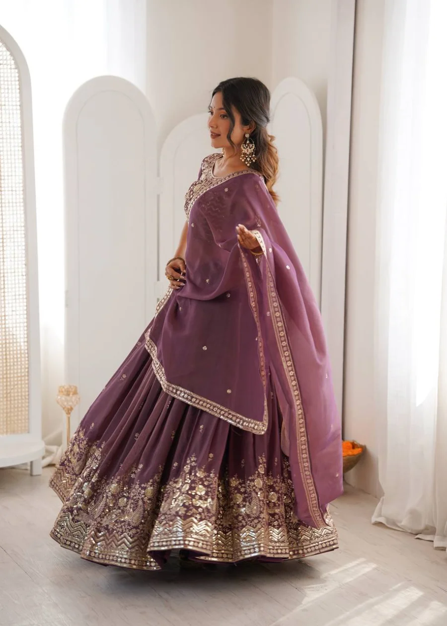 DESIGNER SHIMMER SILK THREAD WITH SEQUENCE WORK LEHENGA CHOLI WITH DUPATTA WEDDING WEAR WHOLESALE PRICE ETHNIC GARMENT (7)