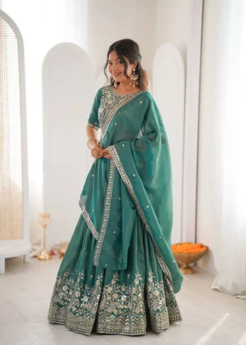 DESIGNER SHIMMER SILK THREAD WITH SEQUENCE WORK LEHENGA CHOLI WITH DUPATTA RAMA