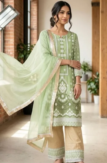 DESIGNER SLUB SILK CHAIN STITCH EMBROIDERY WORK TOP BOTTOM WITH DUPATTA PISTA
