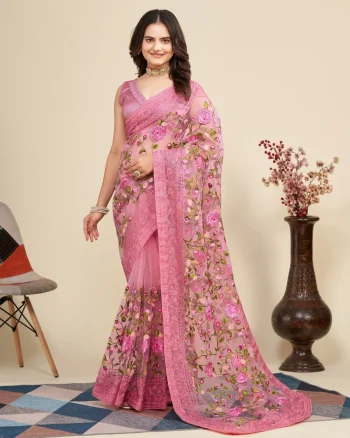 DESIGNER SOFT NET CHIKANKARI EMBROIDERY WORK SAREE WITH UNSTITCHED BLOUSE PINK