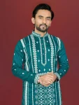 DESIGNER SOFT SILK EMBROIDERY WORK AND SILVER SEQUENCE WORK MEN’S KURTA PAYJAMA FESTIVE WEAR WHOLESALE PRICE ETHNIC GARMENT (24)