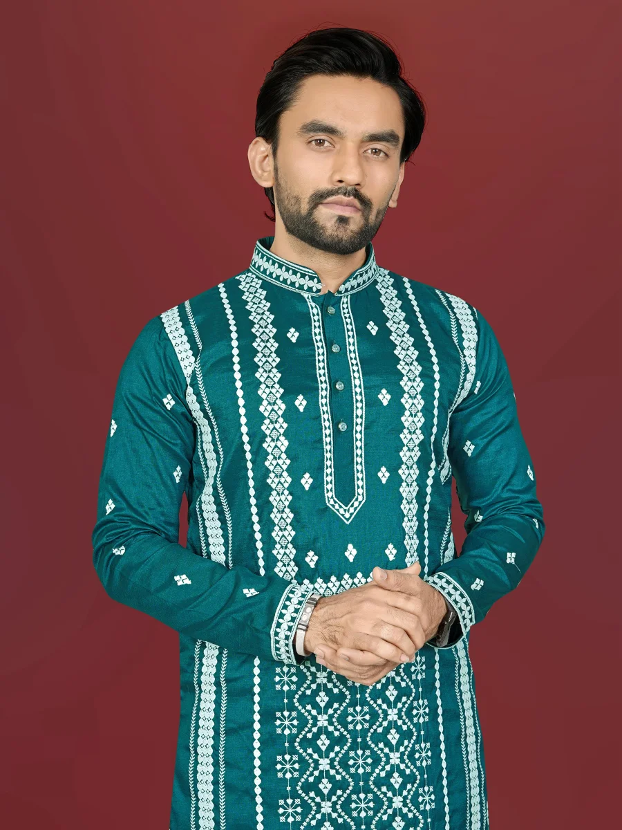 DESIGNER SOFT SILK EMBROIDERY WORK AND SILVER SEQUENCE WORK MEN'S KURTA PAYJAMA FESTIVE WEAR WHOLESALE PRICE ETHNIC GARMENT (23)