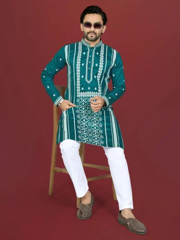 DESIGNER SOFT SILK EMBROIDERY WORK AND SILVER SEQUENCE WORK MEN'S KURTA PAYJAMA RAMA