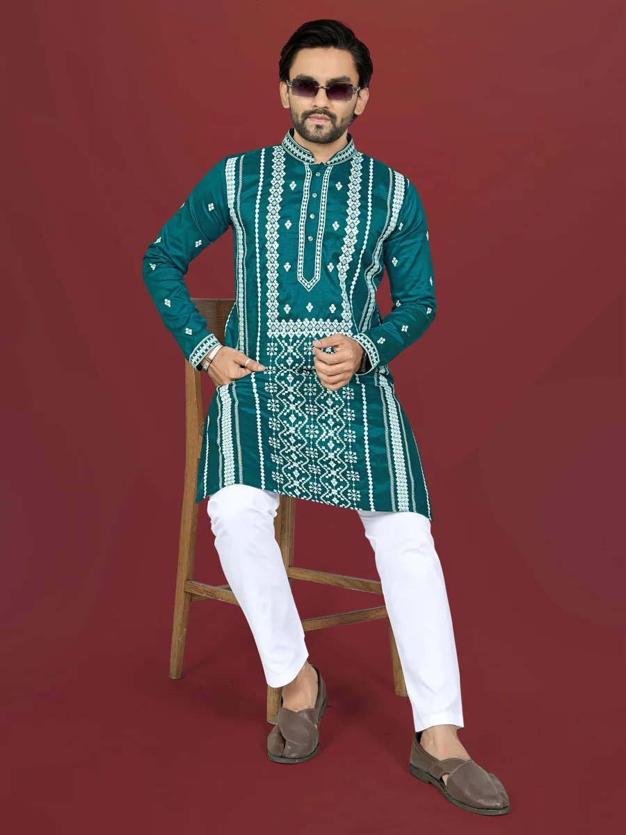 DESIGNER SOFT SILK EMBROIDERY WORK AND SILVER SEQUENCE WORK MEN'S KURTA PAYJAMA FESTIVE WEAR WHOLESALE PRICE ETHNIC GARMENT (24)