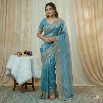 DESIGNER SPACE SILK SEQUENCE AND ZARI EMBROIDERY WITH CODING WORK SAREE WITH UNSTITCHED BLOUSE SKY