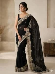 DESIGNER SPACE SILK SEQUENCE AND ZARI EMBROIDERY WITH CODING WORK SAREE WITH UNSTITCHED BLOUSE BLACK