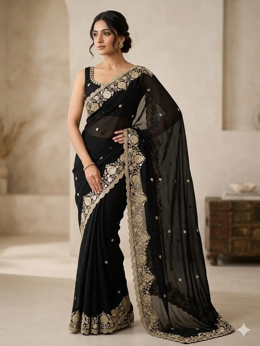 DESIGNER SPACE SILK SEQUENCE AND ZARI EMBROIDERY WITH CODING WORK SAREE WITH UNSTITCHED BLOUSE WEDDING WEAR WHOLESALE PRICE ETHNIC GARMENT (2)