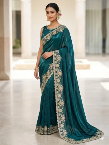DESIGNER SPACE SILK SEQUENCE AND ZARI EMBROIDERY WITH CODING WORK SAREE WITH UNSTITCHED BLOUSE TEAL
