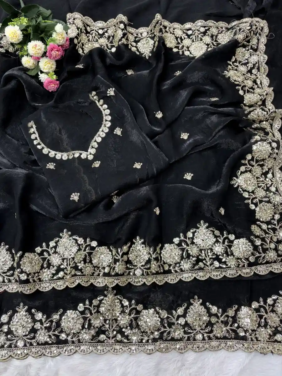 DESIGNER SPACE SILK SEQUENCE AND ZARI EMBROIDERY WITH CODING WORK SAREE WITH UNSTITCHED BLOUSE WEDDING WEAR WHOLESALE PRICE ETHNIC GARMENT (4)