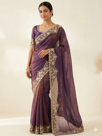DESIGNER SPACE SILK SEQUENCE AND ZARI EMBROIDERY WITH CODING WORK SAREE WITH UNSTITCHED BLOUSE LAVENDER