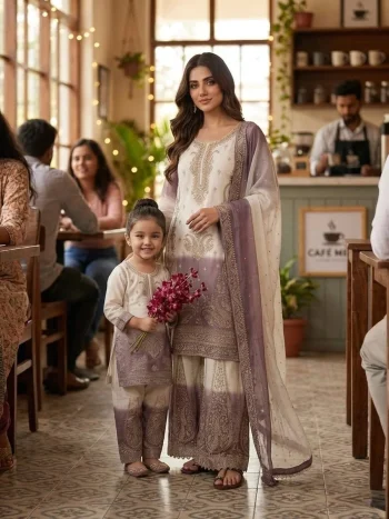 DESIGNER STAR GEORGETTE EMBROIDERY WORK WITH JARKHAN DIAMOND WORK MOTHER DAUGHTER SET WHITE AND PURPLE