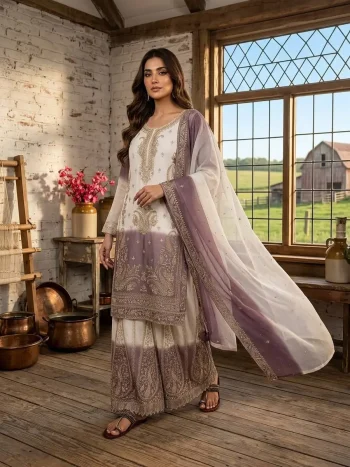 DESIGNER STAR GEORGETTE EMBROIDERY WORK WITH JARKHAN DIAMOND WORK TOP PALAZZO WITH DUPATTA WHITE AND PURPLE