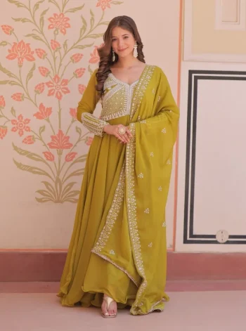 DESIGNER STAR GEORGETTE SEQUENCE CODING & BEADS EMBROIDERY WORK GOWN WITH DUPATTA PARROT GREEN
