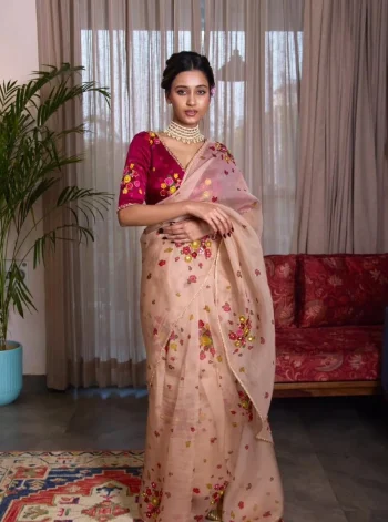 DESIGNER TABBY FLOWER PRINT WITH FLOWER CUT DANA HANDWORK SAREE WITH UNSTITCHED BLOUSE CREAM