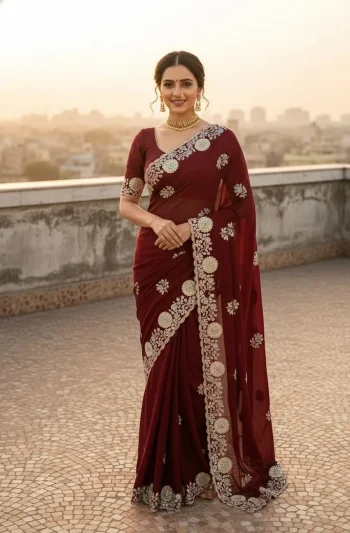 DESIGNER VICHITRA EMBROIDERY AND MULTI  THREAD WITH ARC CUT WORK BORDER SAREE WITH UNSTITCHED BLOUSE MAROON