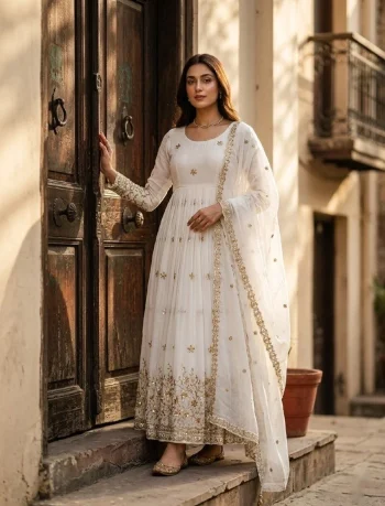 DESIGNER VICHITRA SILK EMBROIDERY 5 MM SEQUENCE WORK GOWN BOTTOM WITH DUPATTA WHITE
