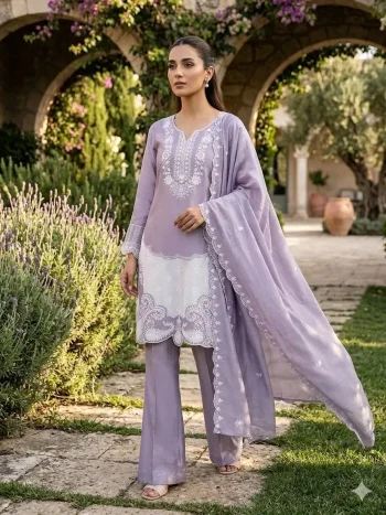 FANCY AIR TEX CHINON SEQUENCE EMBROIDERY WORK TOP BOTTOM WITH DUPATTA LAVENDER