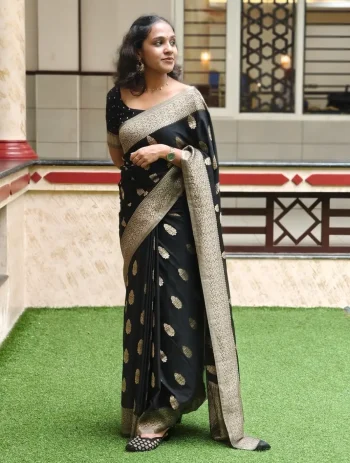 FANCY BANARASI SILK WEAVING WORK SAREE WITH UNSTITCHED BLOUSE BLACK