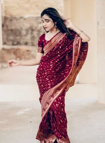 FANCY BANARASI SILK WEAVING WORK SAREE WITH UNSTITCHED BLOUSE MAROON