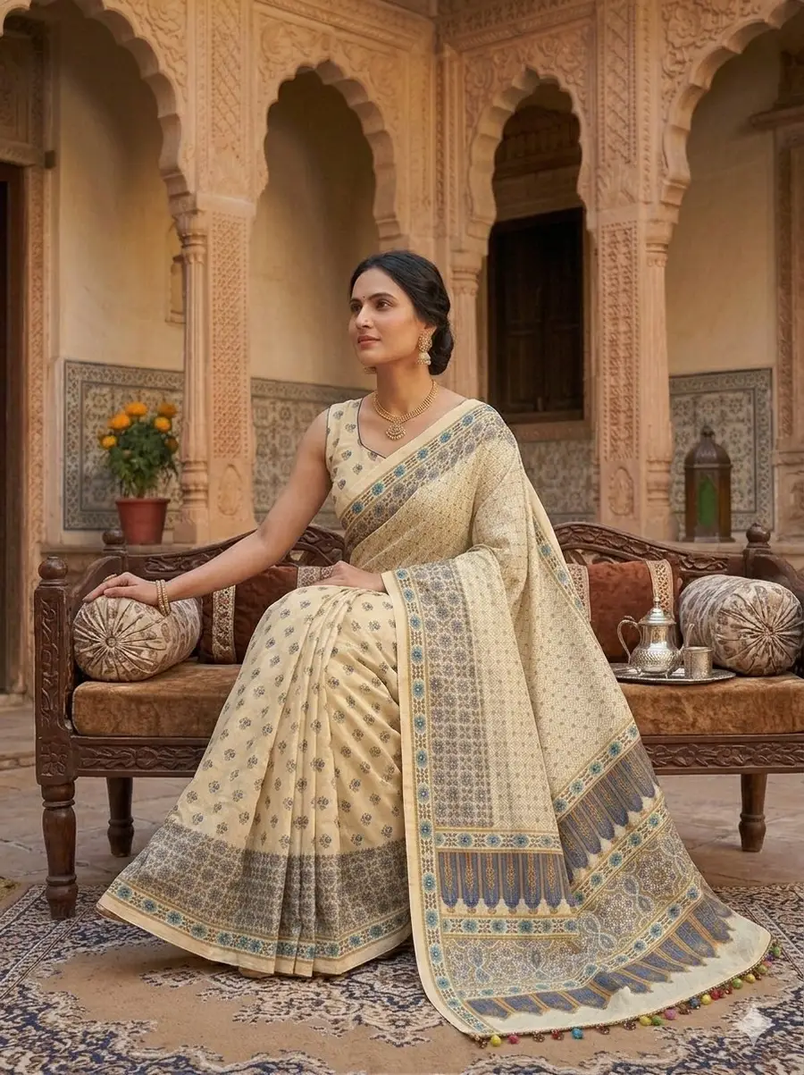 FANCY CHINON AJRAK DIGITAL PRINT WITH REAL MIRROR WORK SAREE WITH UNSTITCHED BLOUSE FESTIVE WEAR WHOLESALE PRICE ETHNIC GARMENT (1)