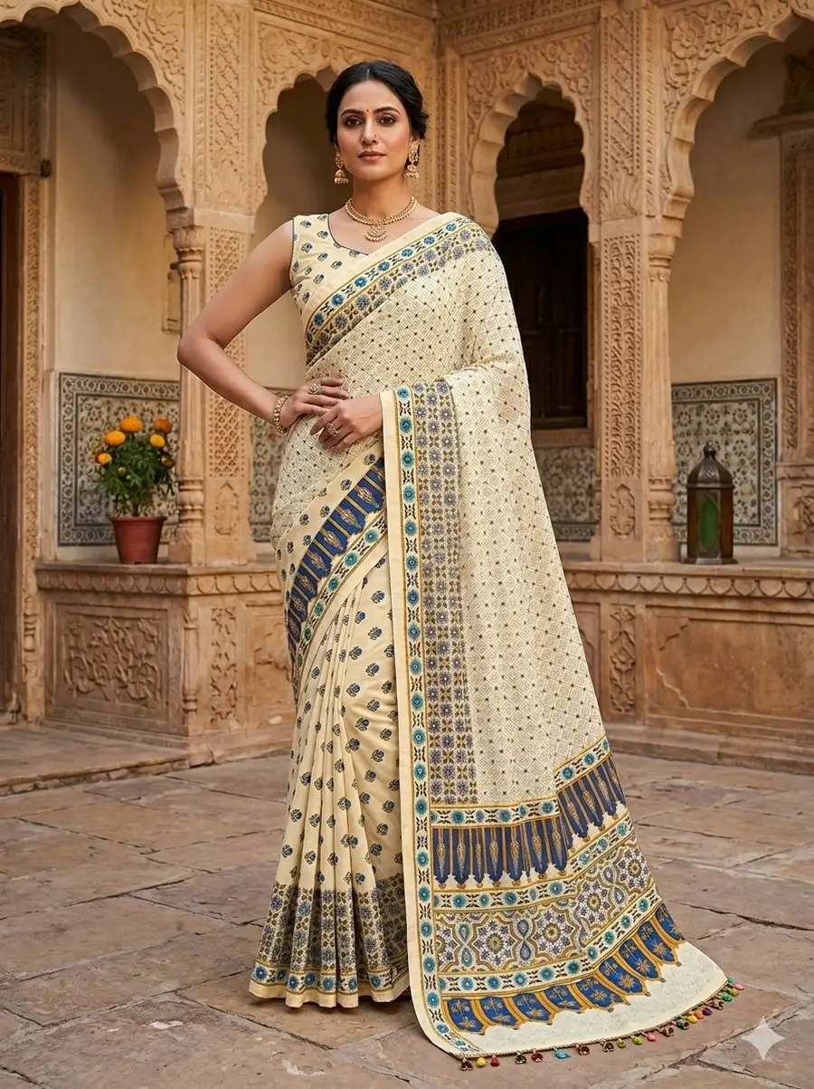 FANCY CHINON AJRAK DIGITAL PRINT WITH REAL MIRROR WORK SAREE WITH UNSTITCHED BLOUSE FESTIVE WEAR WHOLESALE PRICE ETHNIC GARMENT (2)