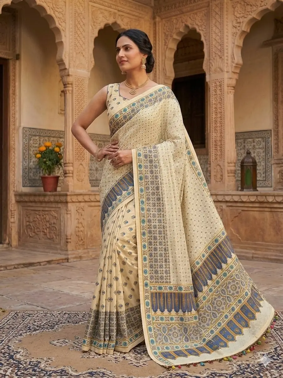 FANCY CHINON AJRAK DIGITAL PRINT WITH REAL MIRROR WORK SAREE WITH UNSTITCHED BLOUSE FESTIVE WEAR WHOLESALE PRICE ETHNIC GARMENT (6)