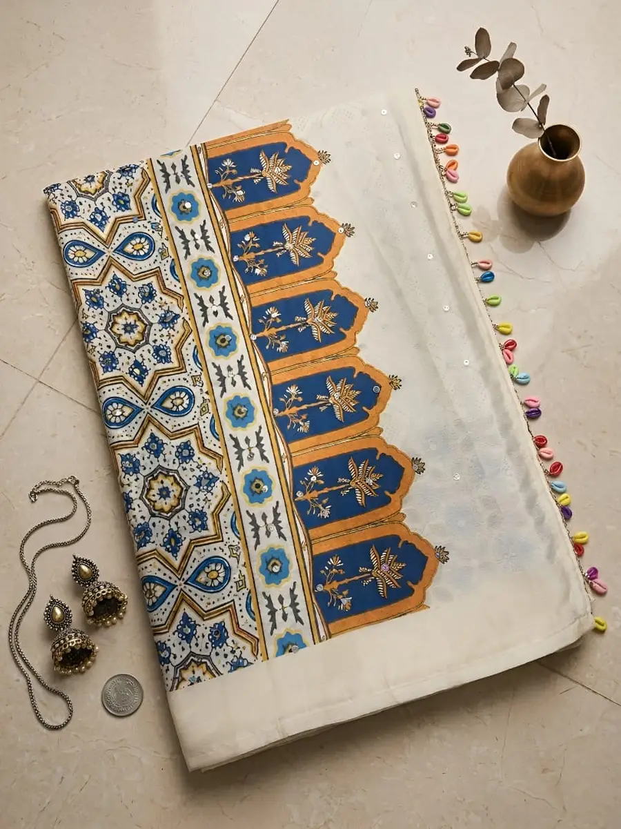 FANCY CHINON AJRAK DIGITAL PRINT WITH REAL MIRROR WORK SAREE WITH UNSTITCHED BLOUSE FESTIVE WEAR WHOLESALE PRICE ETHNIC GARMENT (7)