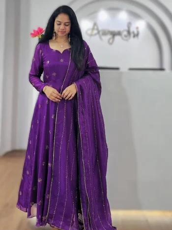 FANCY CHINON EMBROIDERY SEQUENCE WORK GOWN WITH DUPATTA PURPLE