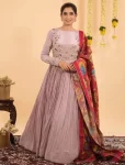 FANCY CHINON EMBROIDERY SEQUENCE WORK GOWN WITH DUPATTA PEACH
