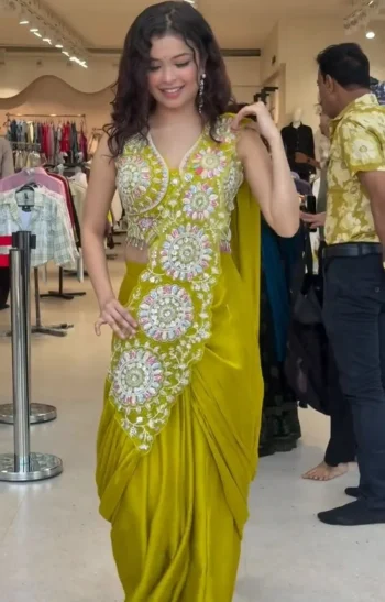 FANCY CHINON EMBROIDERY SEQUENCE WORK READY TO WEAR SAREE WITH STITCHED BLOUSE LEMON