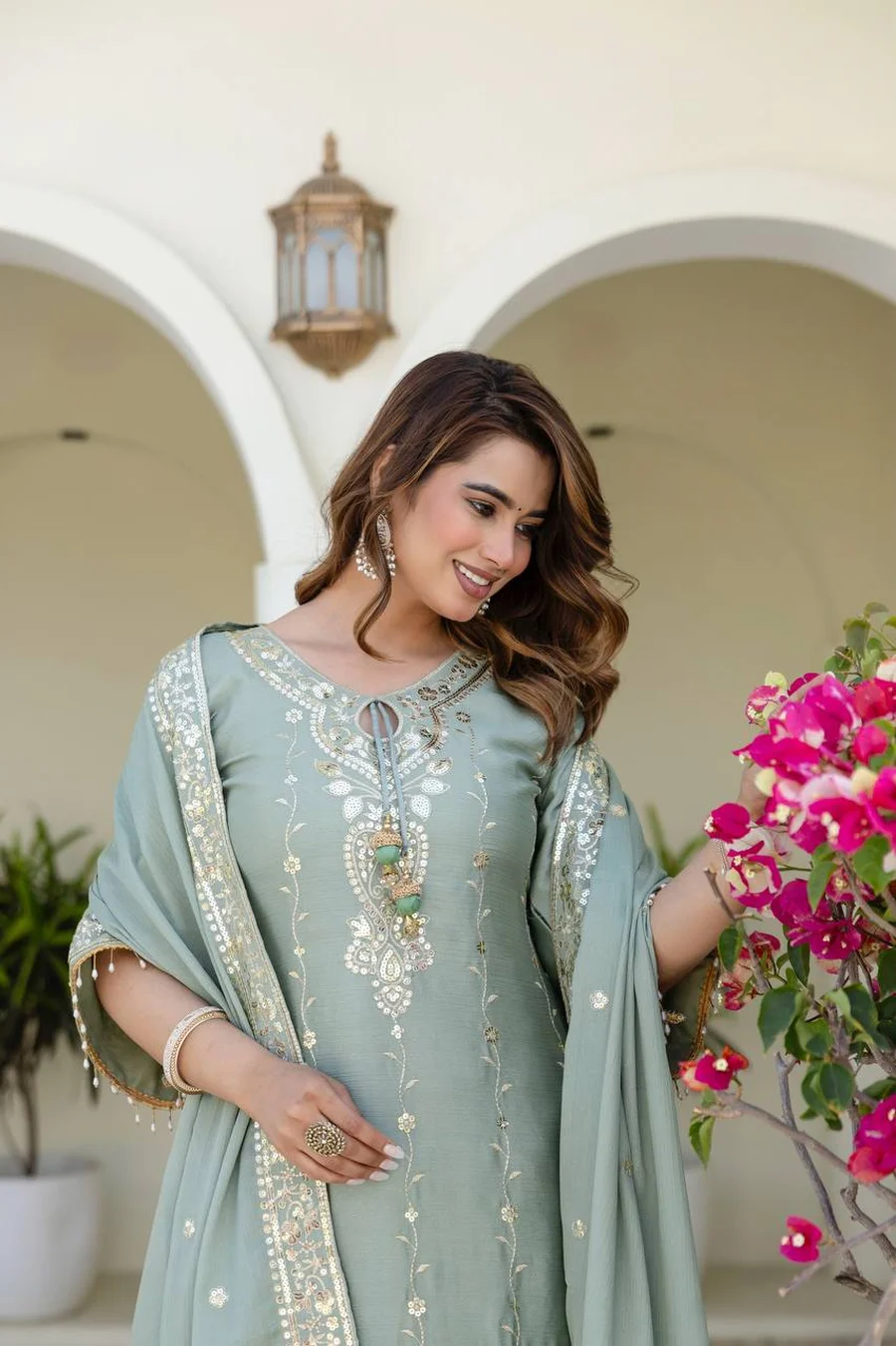 FANCY CHINON EMBROIDERY WITH 5 MM SEQUENCE WORK TOP SHARARA WITH DUPATTA FESTIVE WEAR WHOLESALE PRICE ETHNIC GARMENT (1)