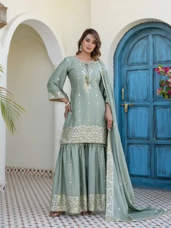 FANCY CHINON EMBROIDERY WITH 5 MM SEQUENCE WORK TOP SHARARA WITH DUPATTA MINT