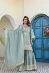 FANCY CHINON EMBROIDERY WITH 5 MM SEQUENCE WORK TOP SHARARA WITH DUPATTA FESTIVE WEAR WHOLESALE PRICE ETHNIC GARMENT (5)