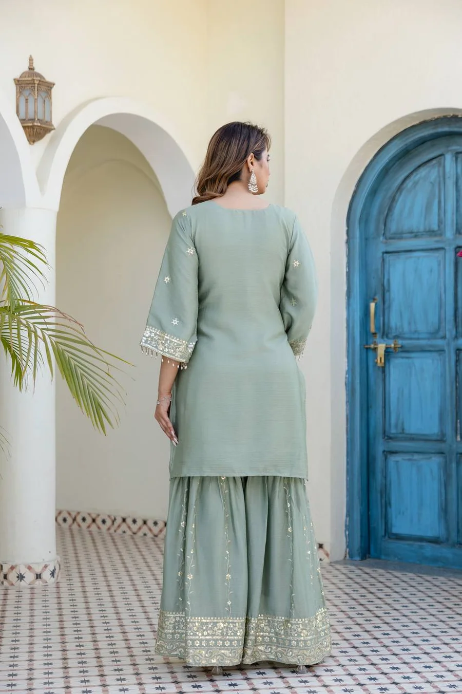 FANCY CHINON EMBROIDERY WITH 5 MM SEQUENCE WORK TOP SHARARA WITH DUPATTA FESTIVE WEAR WHOLESALE PRICE ETHNIC GARMENT (8)