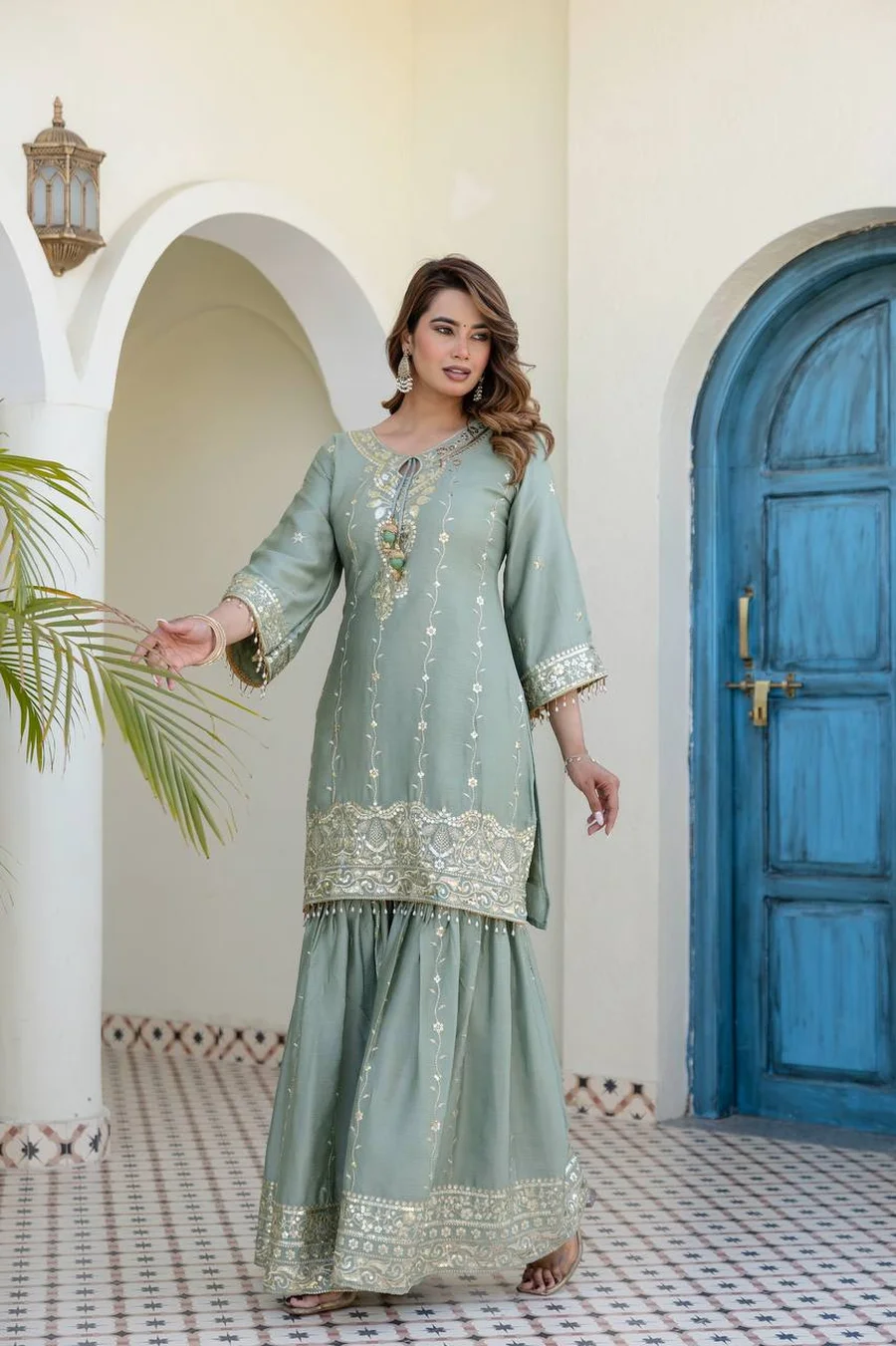 FANCY CHINON EMBROIDERY WITH 5 MM SEQUENCE WORK TOP SHARARA WITH DUPATTA FESTIVE WEAR WHOLESALE PRICE ETHNIC GARMENT (9)