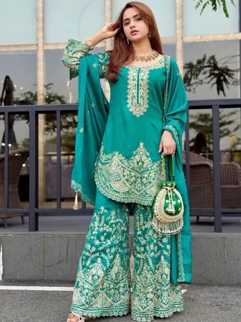 FANCY CHINON SILK EMBROIDERY 5 MM SEQUENCE & CODING DORI WORK TOP PALAZZO WITH DUPATTA RAMA